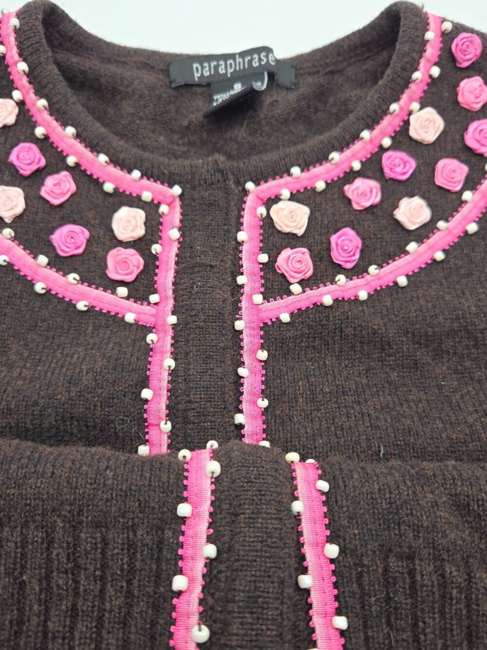 Vintage Brown Wool Cardigan Pink Floral Embroidery S